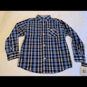 CHAPS BLUE/WHITE checked boys button down shirt in cotton. Size 6. New.